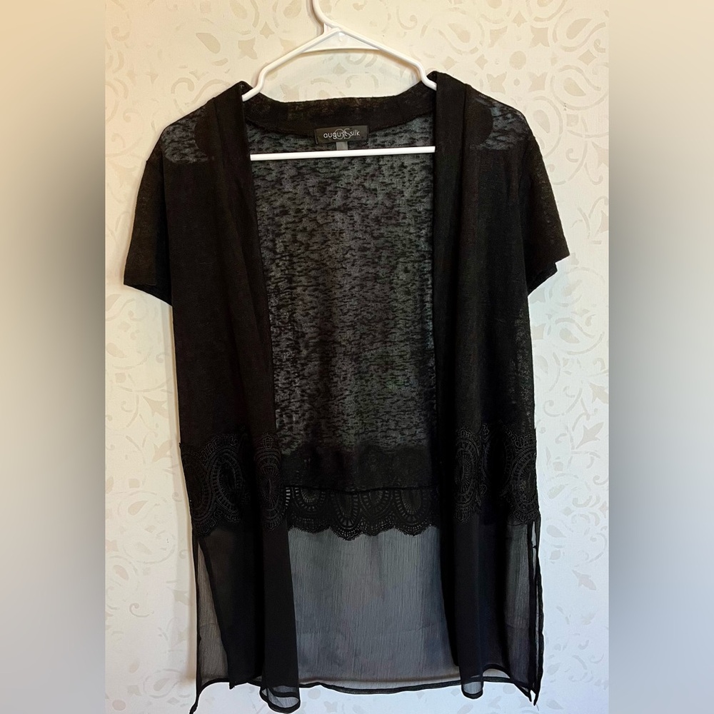 3/$20 SALE! August Silk Black Lace-Trimmed Sheer Cardigan